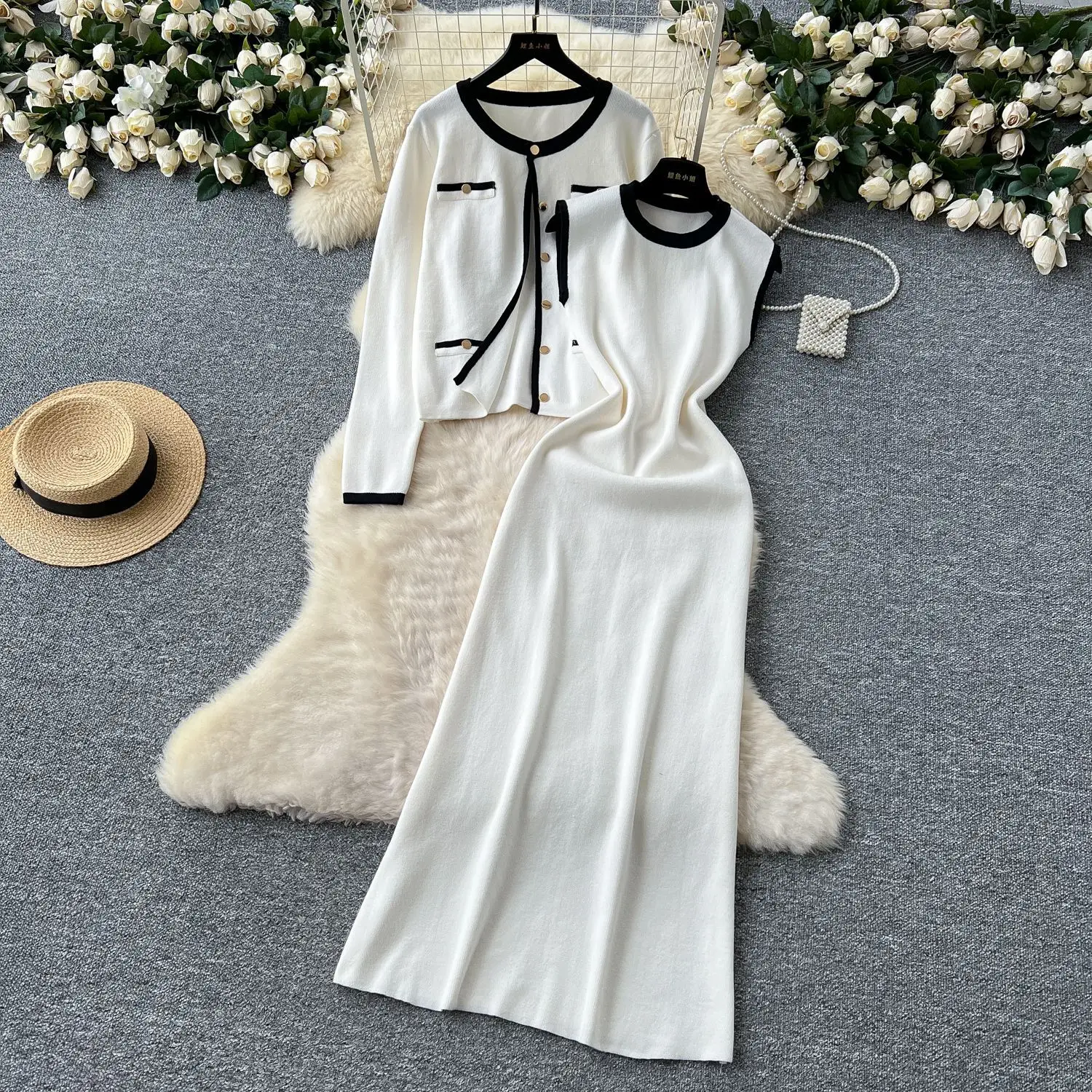 

Two Pieces Women Dress Sets Knitted Matching Sets Single Breasted Round Neck Cardigan Sleeveless Dress Casual 2025 Autumn Winter