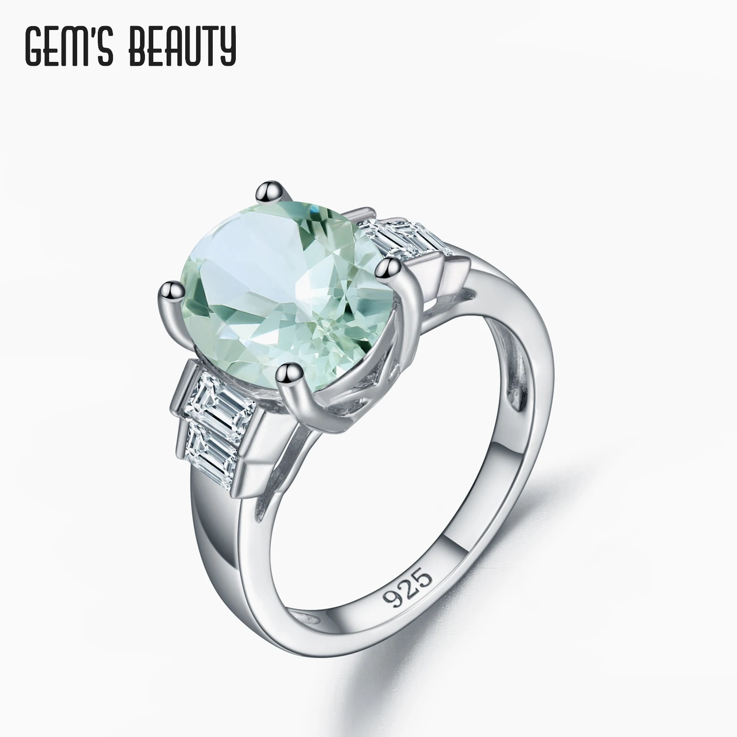 

Gem's Beauty Natural Green Amethyst Rings 925 Sterling Silver Rectangle Zircon Halo Rings For Women Fine Jewelry