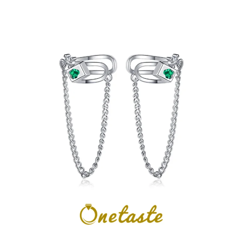 925 Sterling Silver Green Zircon Chain Tassel Clip Earrings For Women Simple Chic Non-piercing Ear Earring 2024 New Party Gift