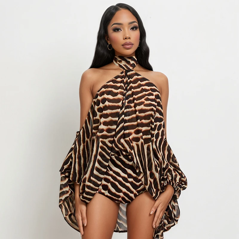 American style neck hanging off shoulder personalized top, tight shorts, printed two-piece set