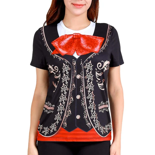 Imagen 1 del producto Camisetas de Mariachi para mujer, disfraz de Fiesta mexicana de manga corta con gráfico, Festival musical, Fiesta Temática de Halloween de México, celebración