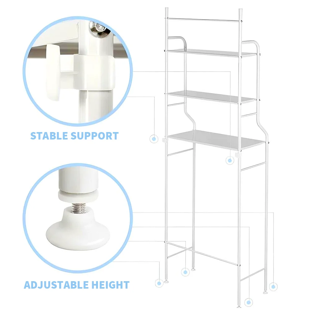 3-stufiges Badezimmer-Aufbewahrungsregal für Waschmaschinen, Toilettenregal aus Metall über dem Toilettensitz, Badezimmer-Aufbewahrungsplattform – Detail 12