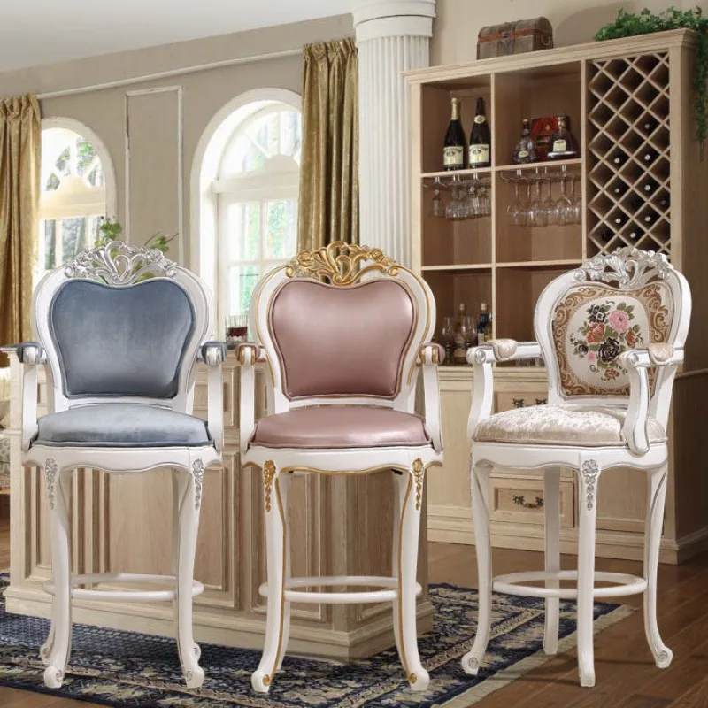 Bar KTV solid wood high stool, European bar chair, beauty salon backrest, leather engraved bar chair