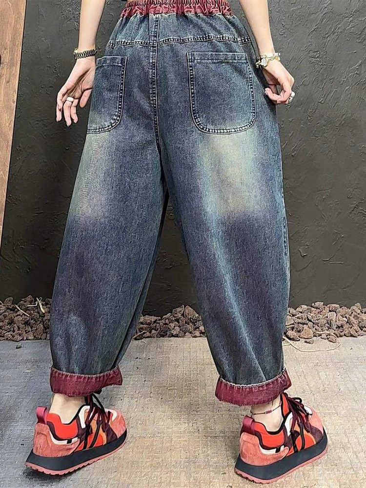 Amax LuluE 2026 Spring Fashion Classic Patchwork Jeans Ladies Vintage Loose Denim Pants Womens British Design Leisure Trousers