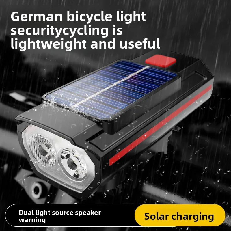 

Солнечная велосипедная фара, перезаряжаемая через USB передняя фара с звуковым сигналом для горного велосипеда, безопасное освещение для ночной езды