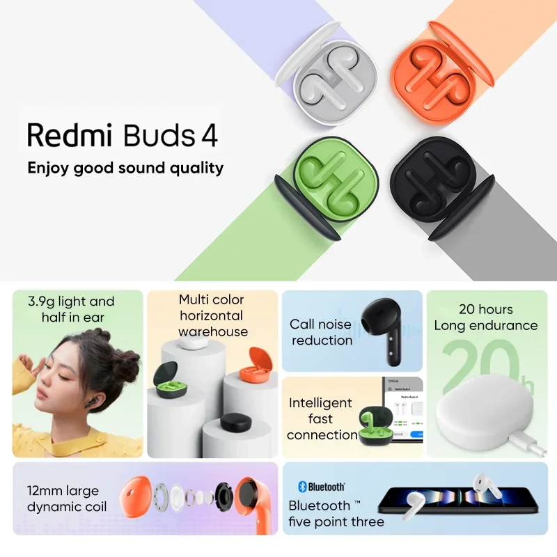 Xiaomi Redmi Buds 4 Lite TWS Wireless Earphone Bluetooth 5.3 Call Noise Cancelling Long Battery Life IP54 Buds 4 Youth Edition