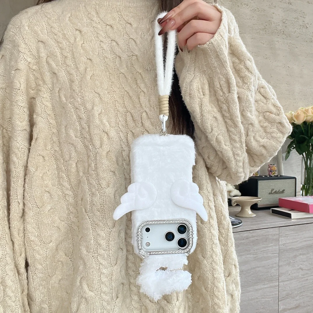 Otoño Invierno cordón cuerda lindo Ángel Halo funda de felpa para iPhone 13 14 15 16 17 Pro Max Plus carcasa a prueba de golpes cubierta de teléfono esponjosa