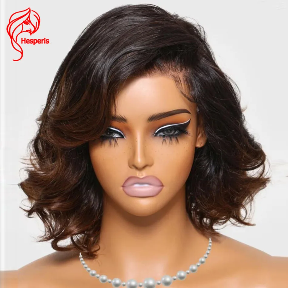 

Hesperis Ombre Lace Front Human Hair Wig Brazilian Remy Wavy Bob Cut Lace Wig Colored Human Hair For Women Brown Ombre