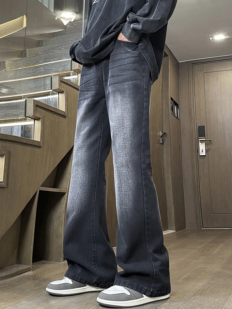 American High Street Bell Bottom Jeans Men's Casual Straight Loose Vintage Washed Boys' Pants Multi-Pocket Mid-Waist Long Cot...