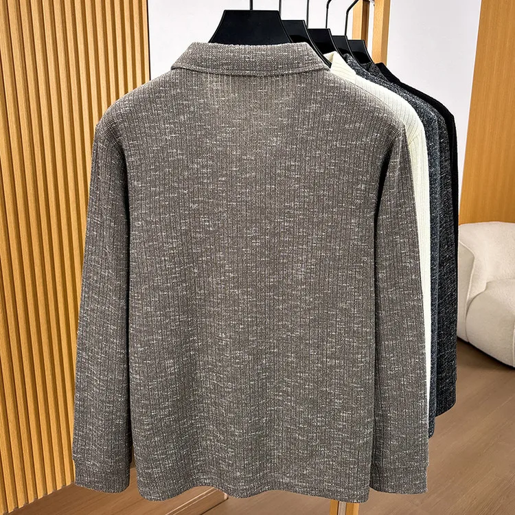 Herren-Polohemd mit Reverskragen, langärmelig, aus strukturiertem, geripptem Stoff, mit halber Knopfleiste, schmal geschnitten, weiches Strickoberteil, für den Alltag, lässige Herrenoberteile – Detail 13