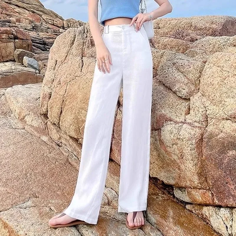 Lente Herfst Vrouwen Wijde Pijpen Broek Femme Grote Maat 4XL Linnen Katoen Rechte Broek Koreaanse Dames Hoge Taille Smalle Pantalons