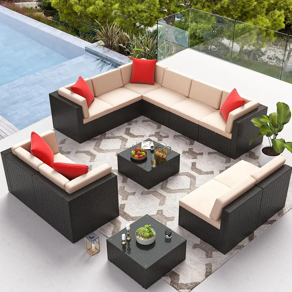 

12-Piece Outdoor PE Rattan Sectional Sofa Set with Cushions and Glass Coffee Table, Beige