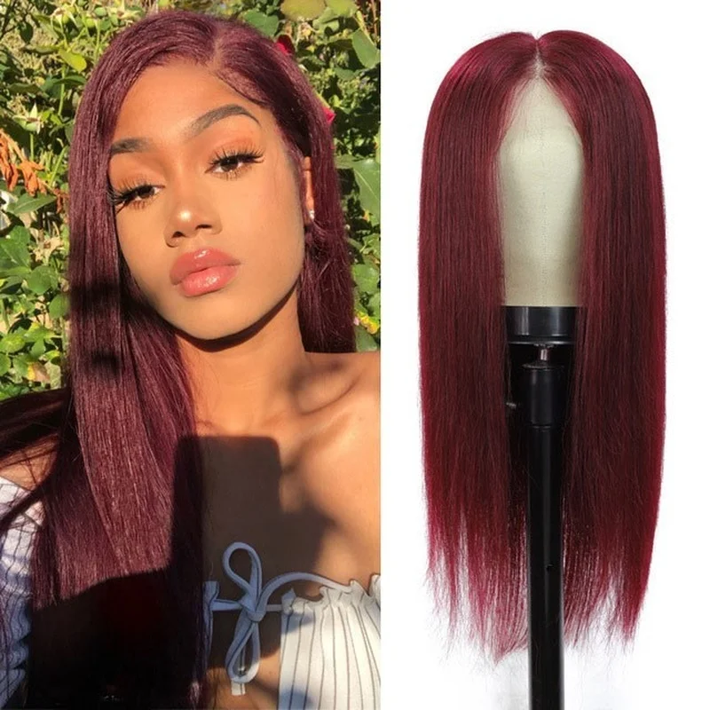 26034 Long Straight Brazilain Remy Human Hair Lace Front Wig Dark Wine Red 99j