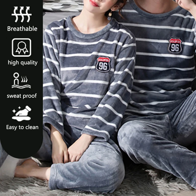 2pcs/Set Fall And Winter Coral Fleece Couple Pajamas Women\'s Thickened Padded Warm Facecloth Men\'s Home Wear Clothes top + pants