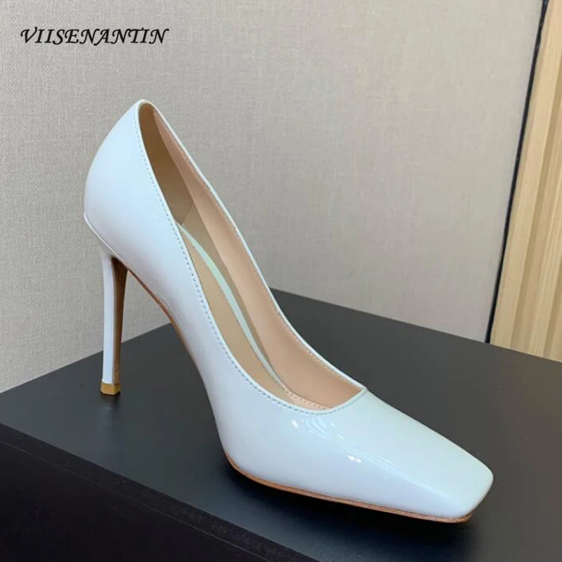 

Fashion New Square Toe Thin High Heel Women Pumps Slip on Shallow Mouth Solid High Heels Elegant Ladies Party Wedding Shoes