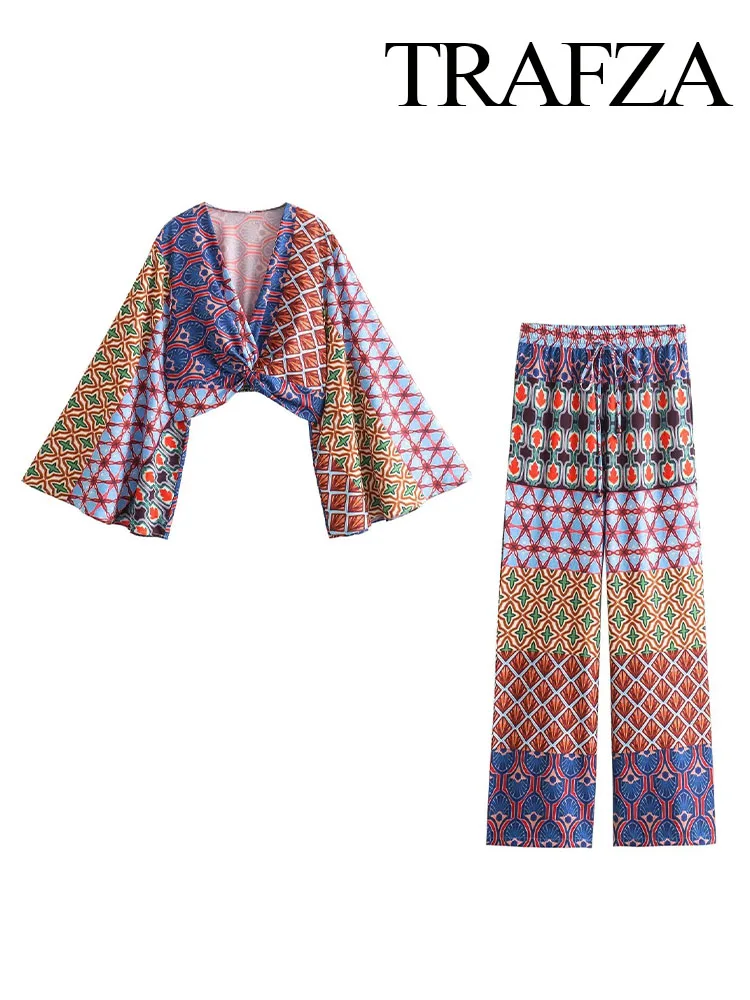 New Women 2 Piece Set Elegant Boho Print Sleeves V-Neck Folds Short Top+Side Pockets Drawstring Design Loose Long Pants