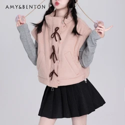 2024 New College Style Winter Pink Purple Padded Cotton Suede Short Jacket For Women