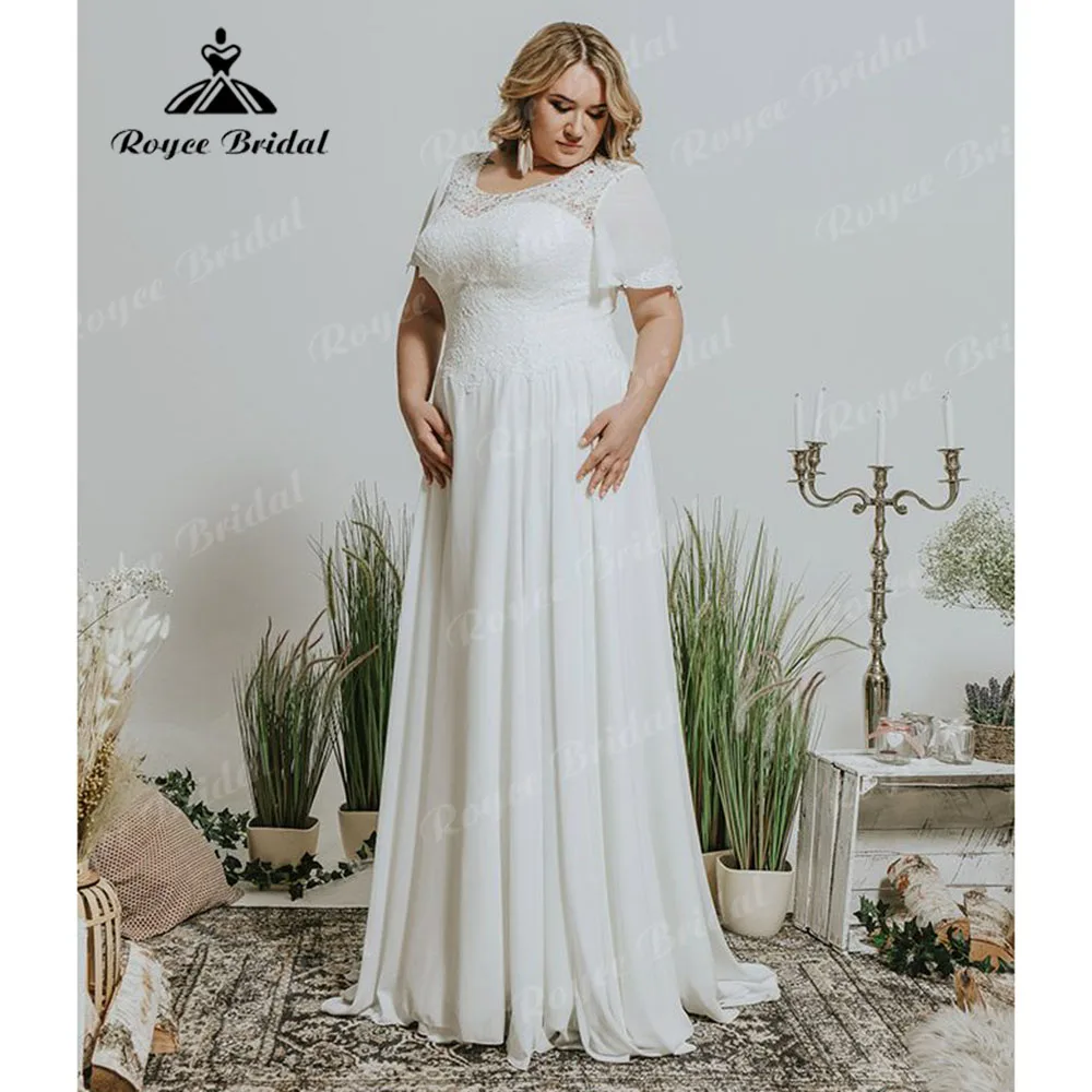 Vinatge Lace Chiffon Boho Plus Size Wedding Dress with Short Sleeve 2024 Bridal Gown for Women Lace Up Back robe de mariée grand