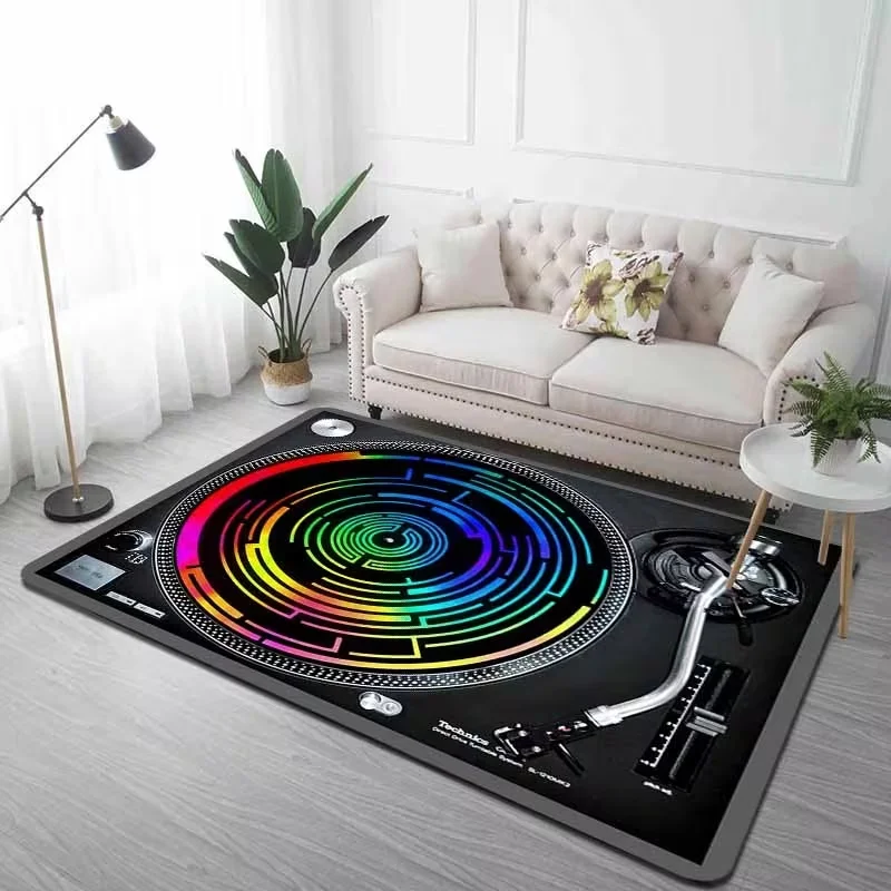Vintage Record Player Design Area Carpet Flannel Carpet Machine Washable Music Themed Decorative Floor Mat Bedroom Decoration