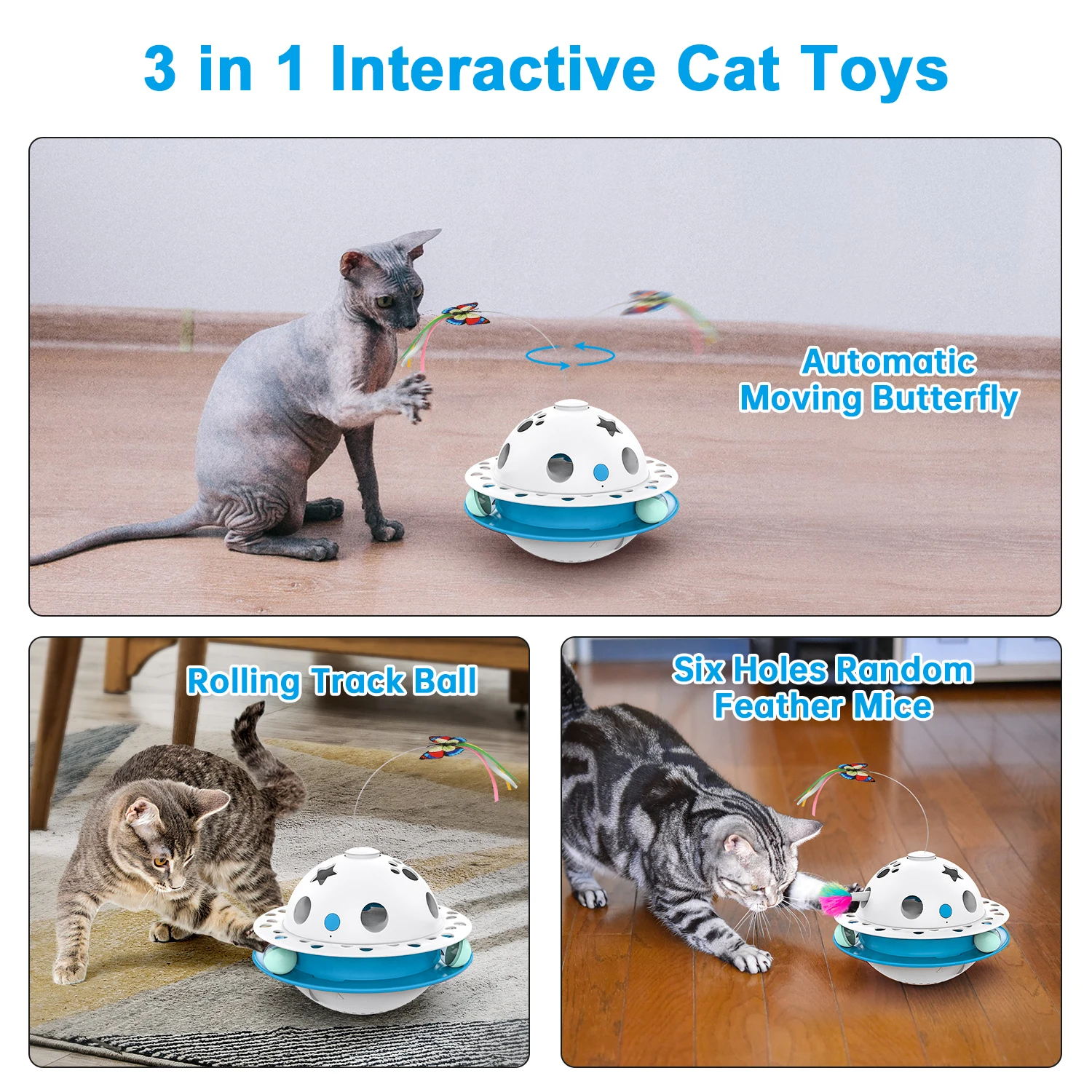 3 in 1 Automatic Cat Toy Electric Fluttering Butterfly + Rotating Track Balls + Ambush Feather, Interactive Fun Pet Toys Indoor