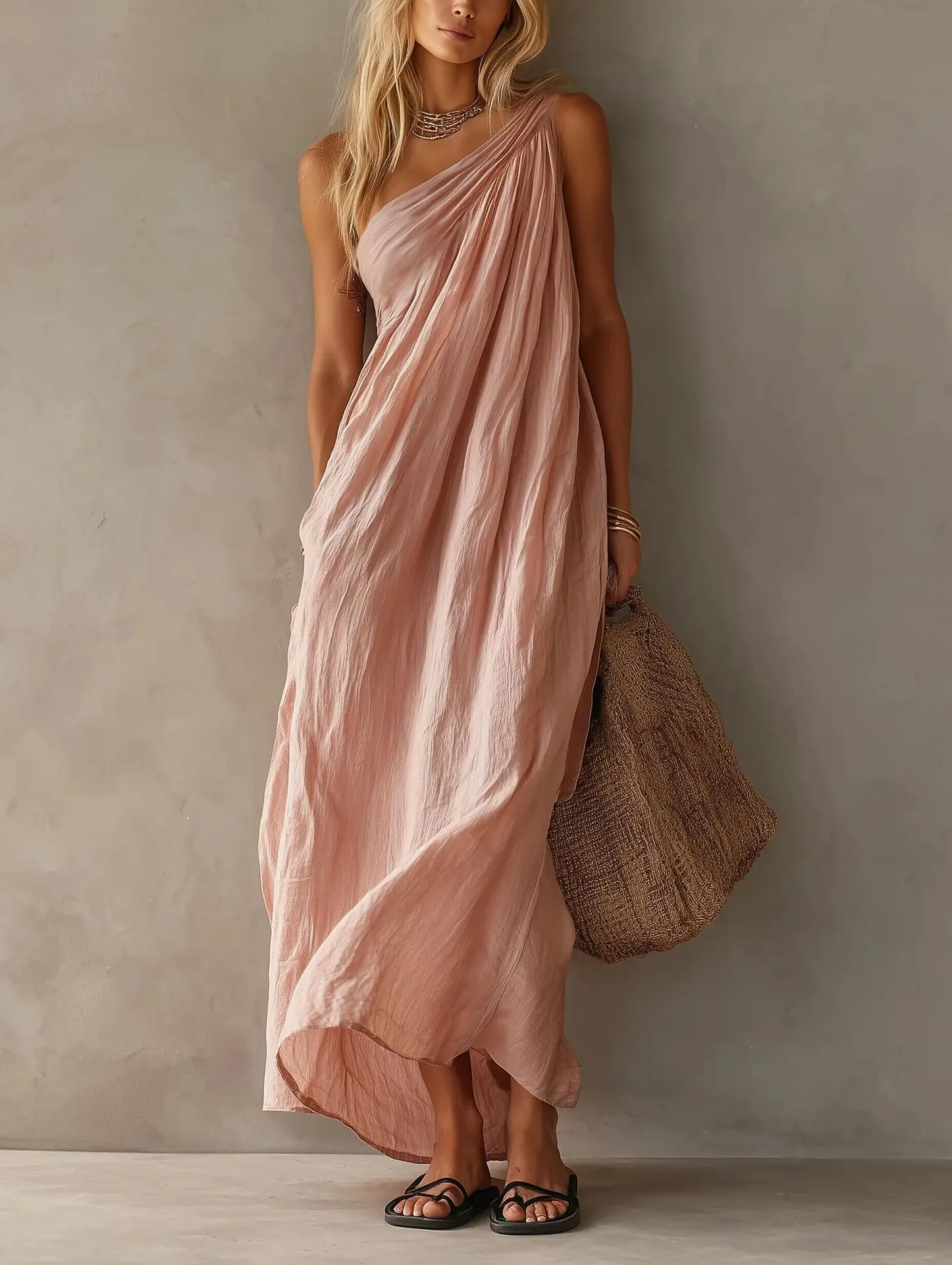 Robe longue asymétrique pour femme, robe ample drapée sans manches effet lin, tenue décontractée pour la plage et les vacances d'été