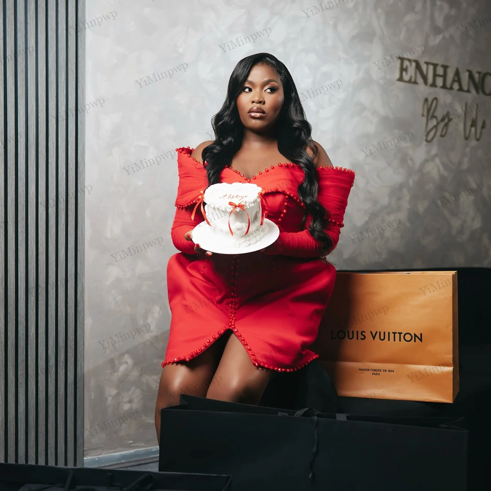 

Beaded Mini Birthday Dresses Off Shoulder Full Sleeve Straight Cocktail Dresses African vestidos elegantes de noche Customized