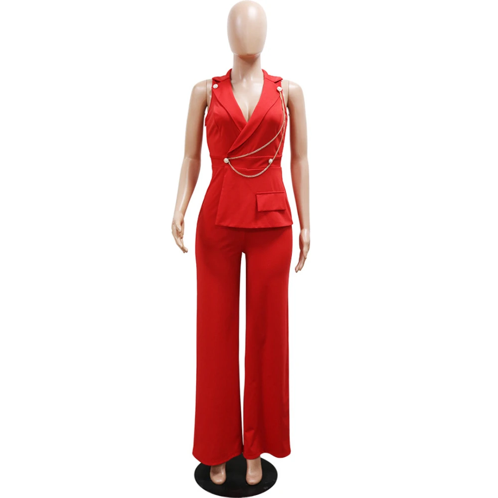 2024 Turn Down Collar Metal Chain Skinny Sexy Jumpsuit Fake Two Piece Solid One Piece Pant Lady Going Out Jumpsuit Women Rompers