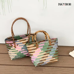 Retro Imitation Rattan Woven Bag Women's Basket Bag Summer Beach Large Capacity Handle Bags Ladies Leisure Bucket Bags