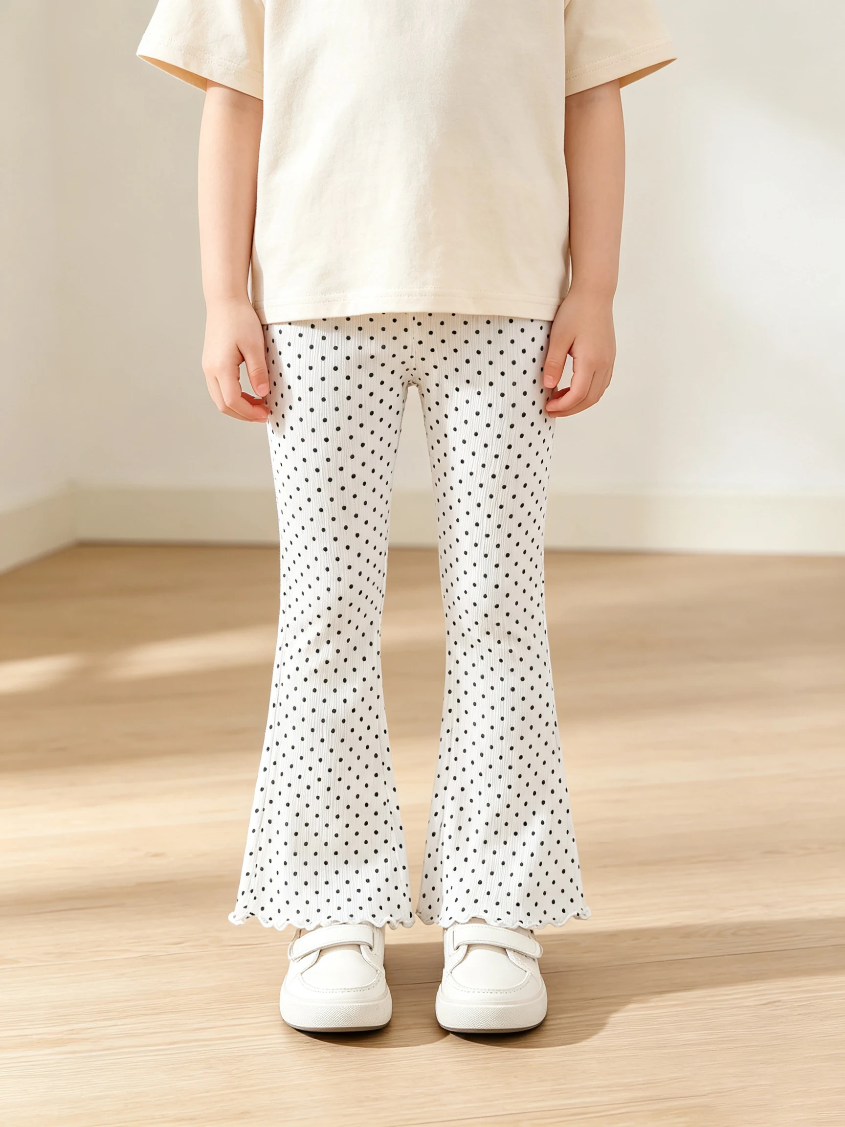 Spring Summer Girls Ribbed Knit Flare Pants Polka Dot Ruffle Hem Slim Casual Leggings Cute Kids Bell Bottom Trousers 2-10 Years