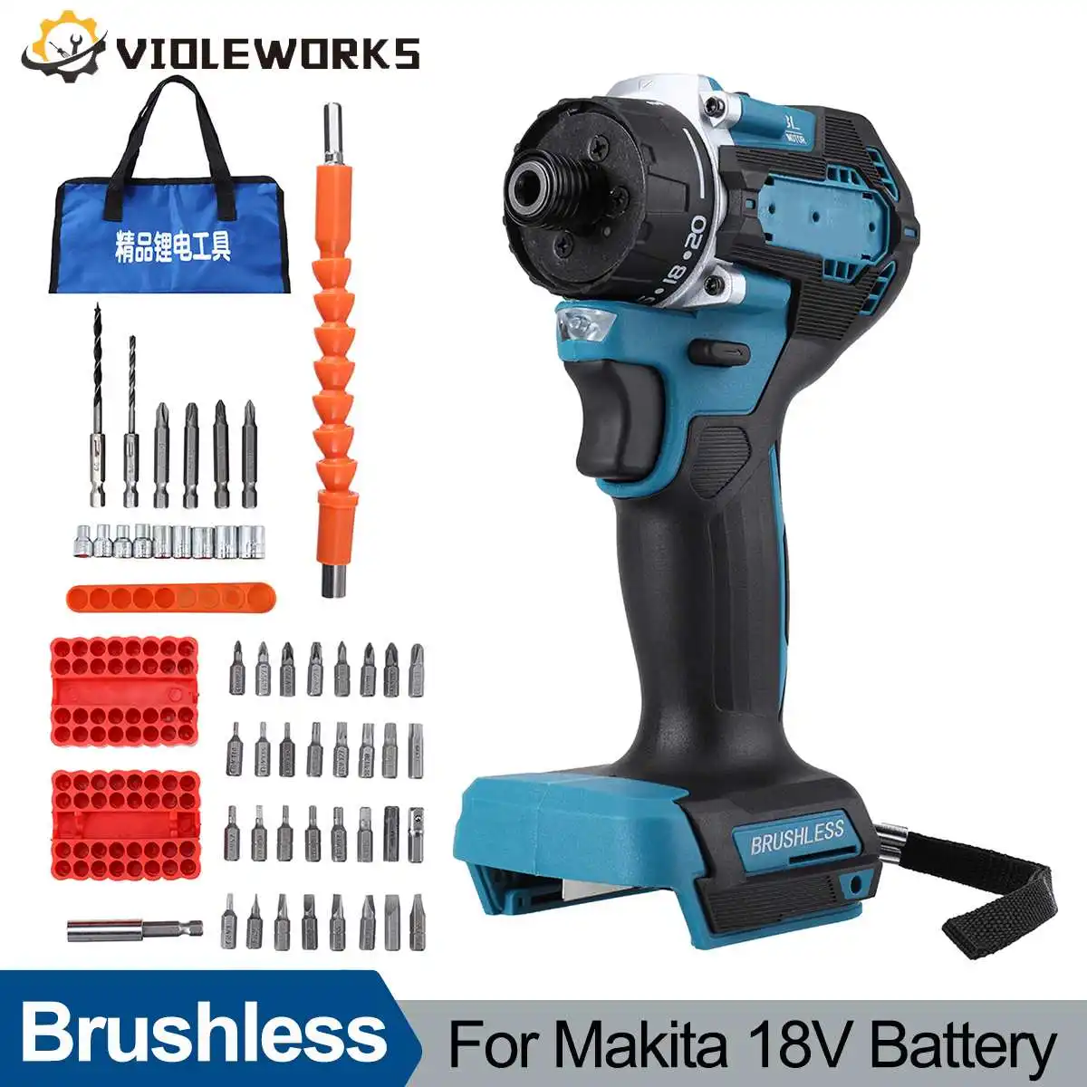 

1/4inch 20+1 Torque Brushless Electric Screwdriver Cordless Electric Drill with 46pcs Accessories For Makita 18V Battery