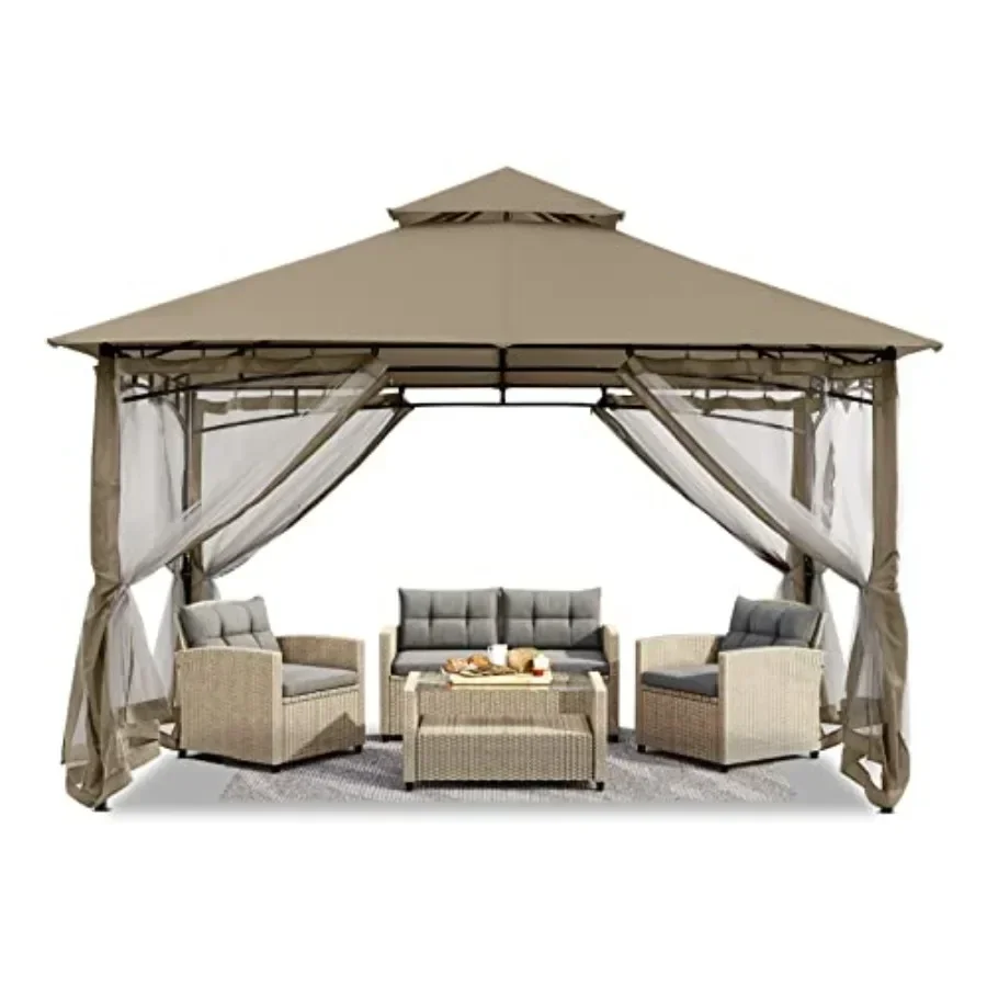 Outdoor Steel Fe Gazebo with Mosquito Netting for Patio Lawn Backyard Garden Deck in Brown and Beige - Durable and Weather-Resi