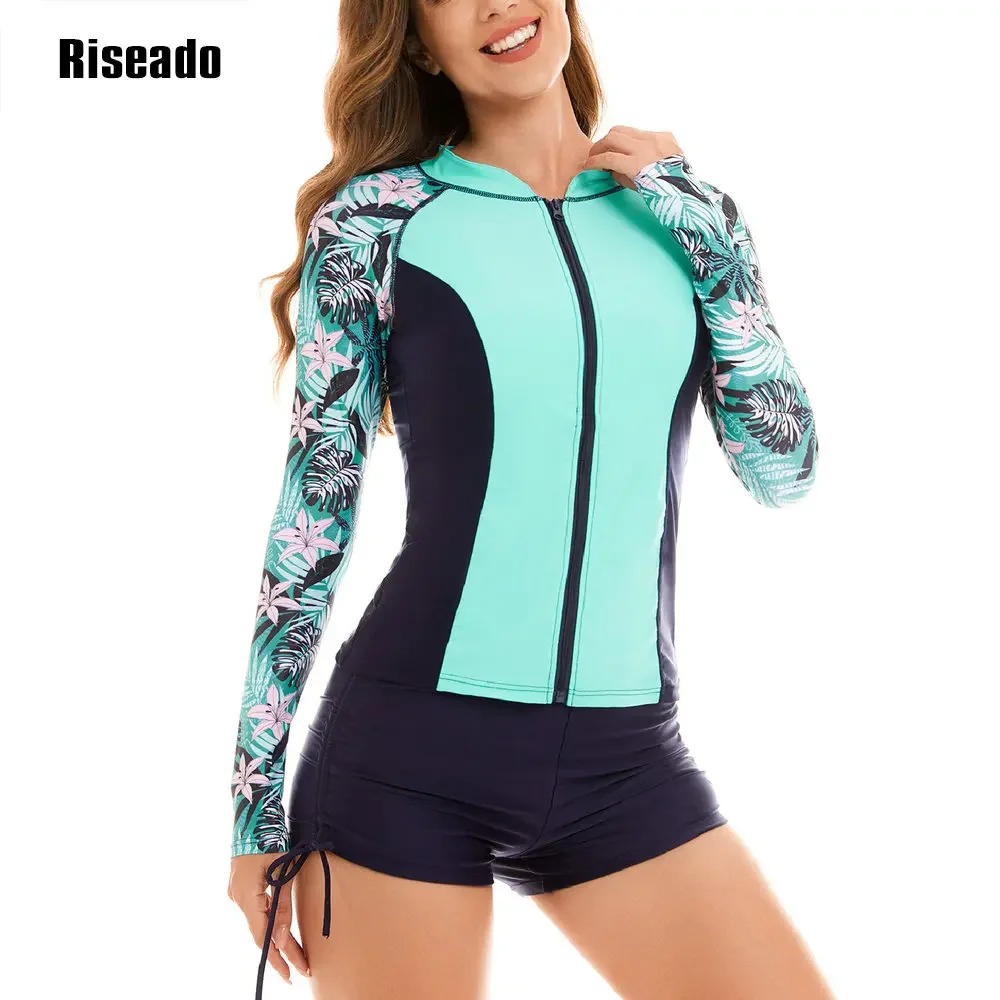 Riseado 2025 New Womens Rash Guard High Waist Swimwear Long Sleeve Two Piece Tankini Swimsuits Top and Shorts