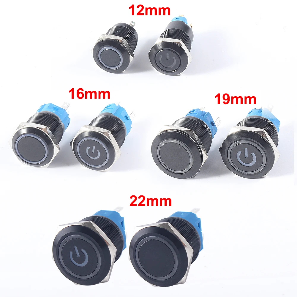 12/16/19/22mm Alumina black push button switcheswith ring light pushbutton waterproof press button momentary Latching Blue Red 