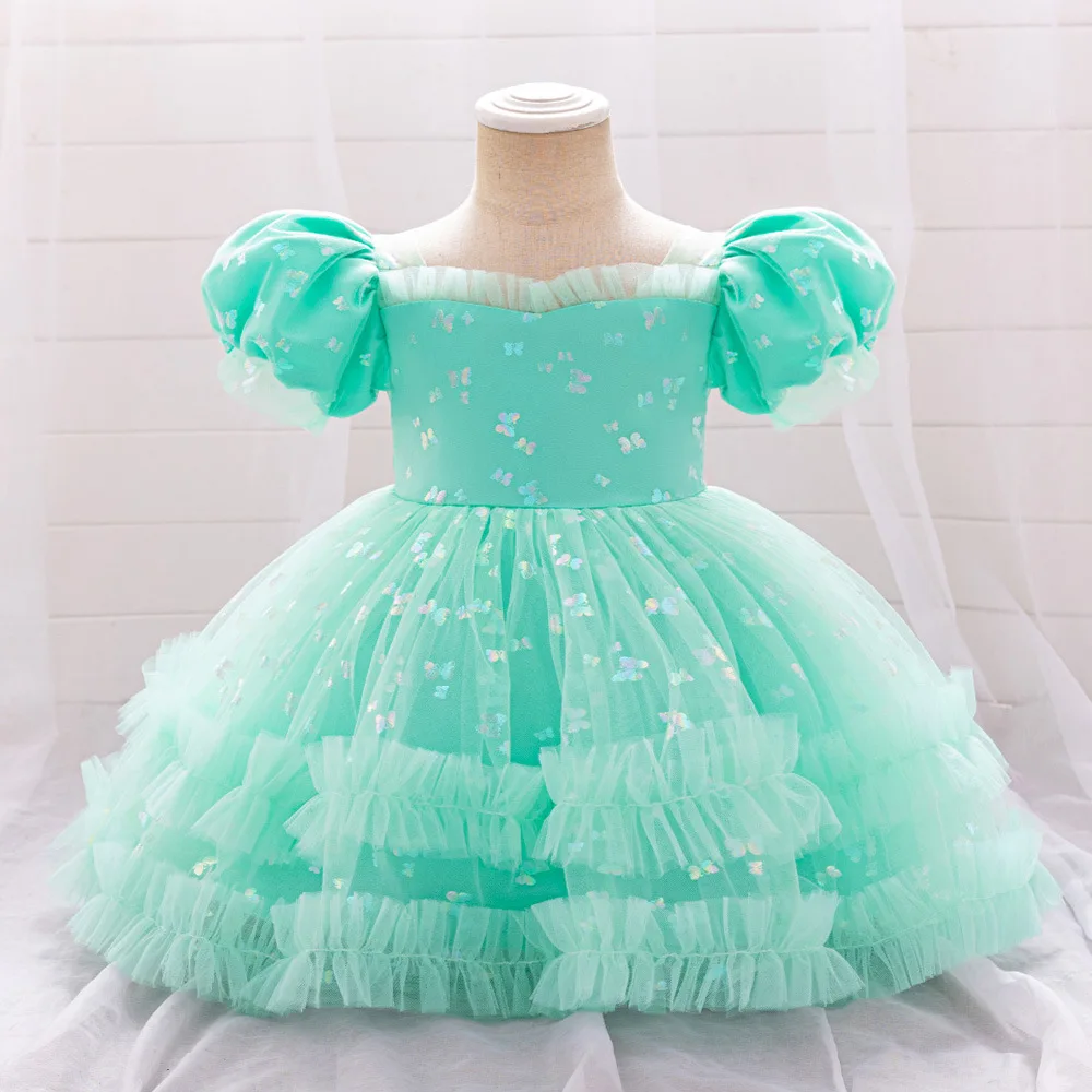 Fiona Toddler Baby Girls Puff Sleeves Bowknot Printing Flower Girl Birthday Party Pageant Christmas Holiday Dress