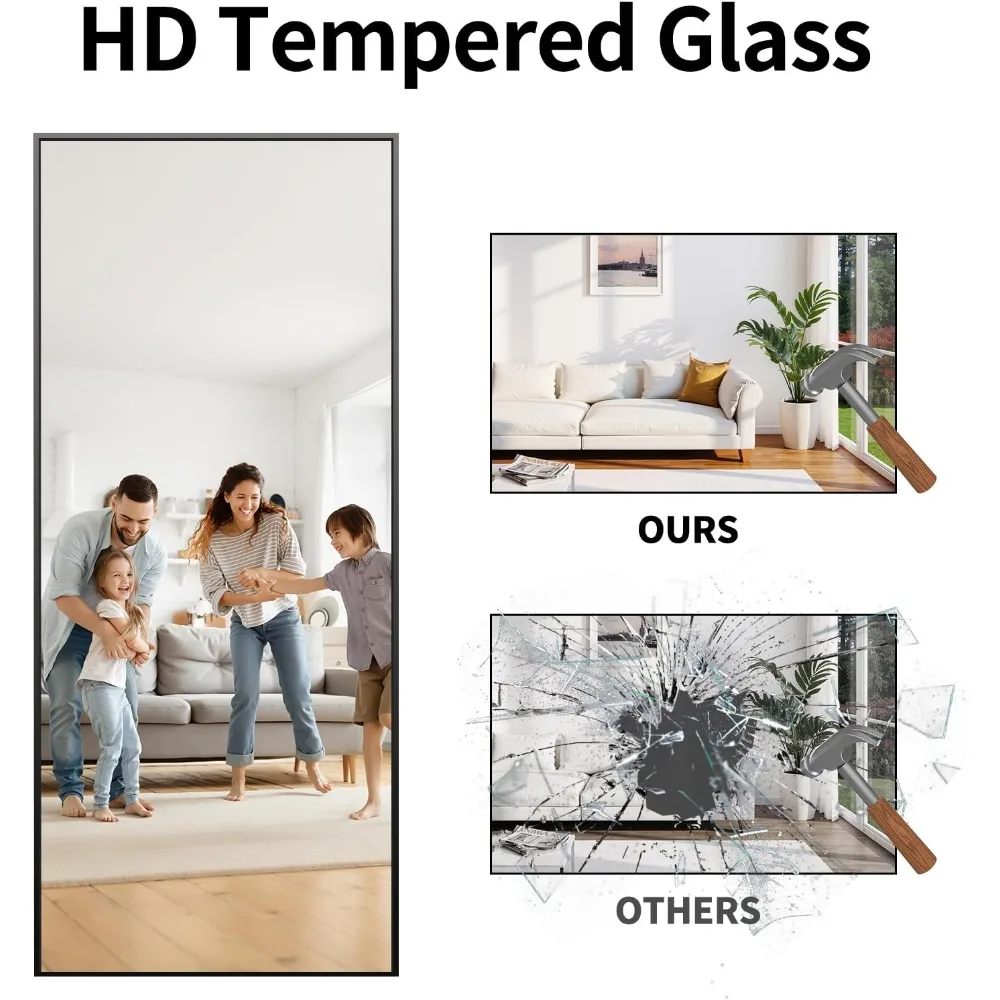 Full-Length Standing Mirror with Aluminum Frame - Large Floor Mirror for Home Décor and Wall Mounting