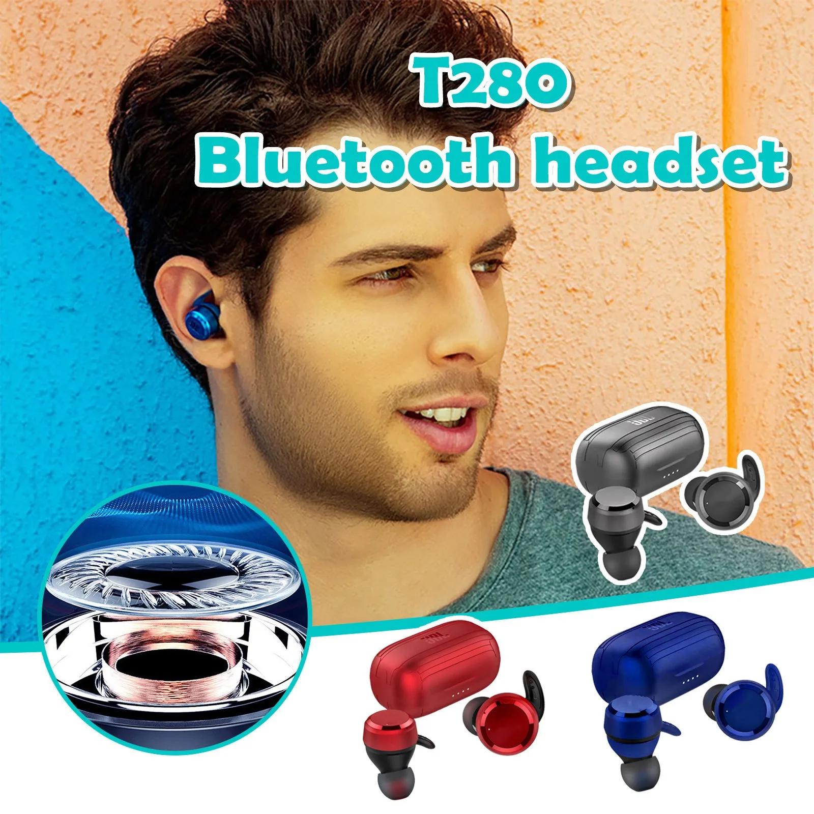 Fones de ouvido sem fio dos esportes do fone de ouvido de Bluetooth T280 com caso de carregamento