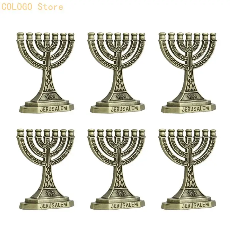 Cast Metal Menorah Figurines with Raised Front Motifs and 6 Tiered-Base Statuettes for Display Cabinet Arrangements D0LD
