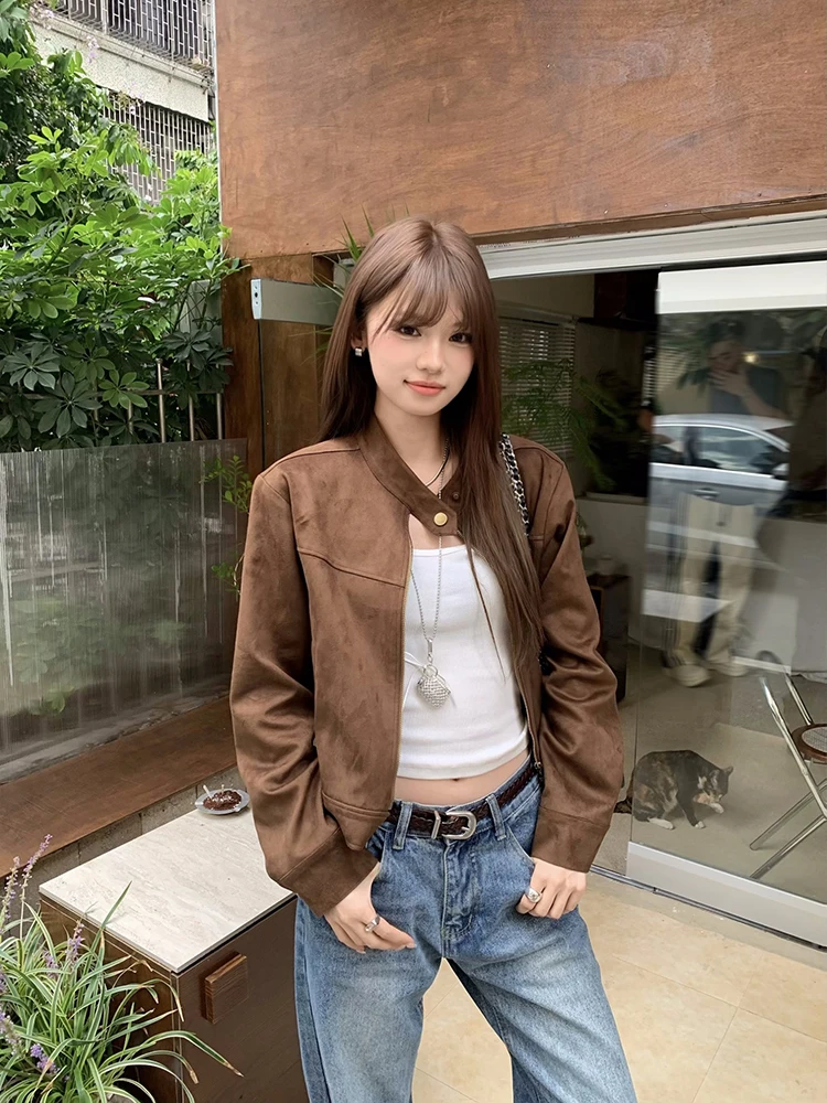 

Женская замшевая куртка Lumoder: свободный крой, повседневная, теплая, осенняя, новая, ветрозащитная, из полиэстера, с длинными рукавами