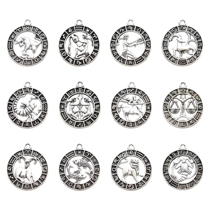 12pcs Mixed Tibetan Zodiac Charms Alloy Metal Twelve Constellation Zodiac Sign Pendants For DIY Necklace Bracelet Jewelry Making