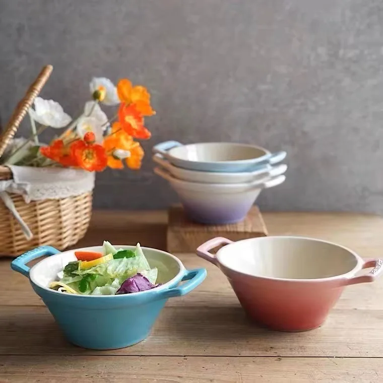 

French Cool Color Ceramic Noodle Bowl 7 Inch Double Ear Soup Bowl Fruit Salad Bowl Home Use Heat Resistant Kitchen Tableware
