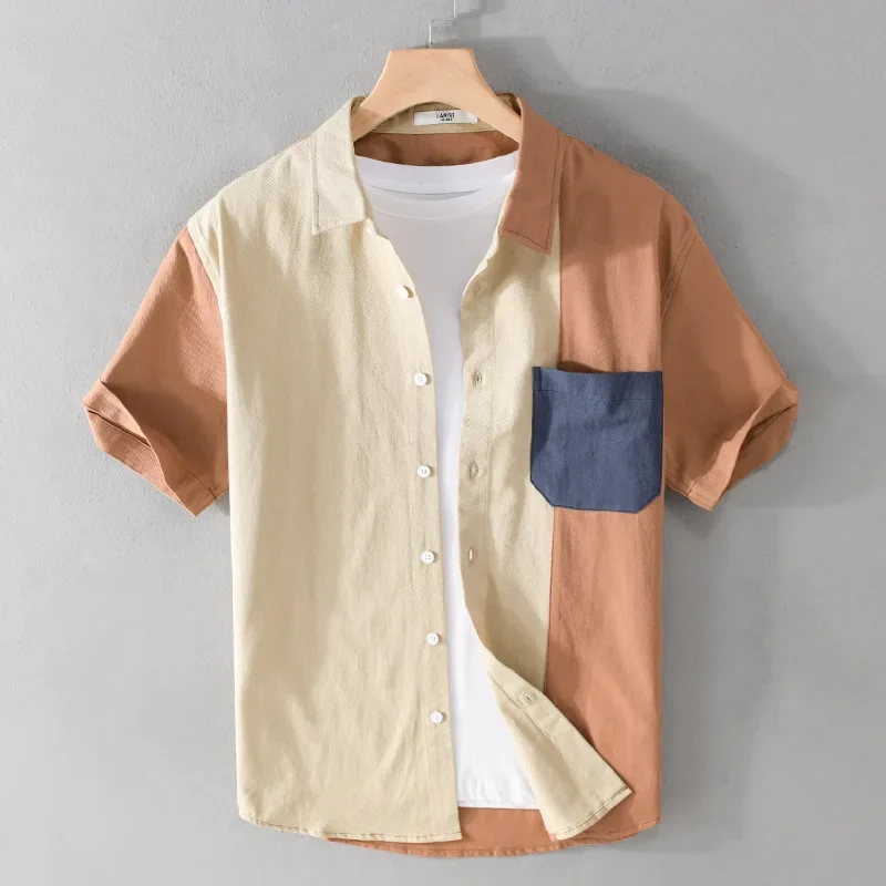 

Summer Casual Patchwork Men Short Sleeved Shirt Loose and Comfortable Color Matching Pure Cotton Youth Shirt