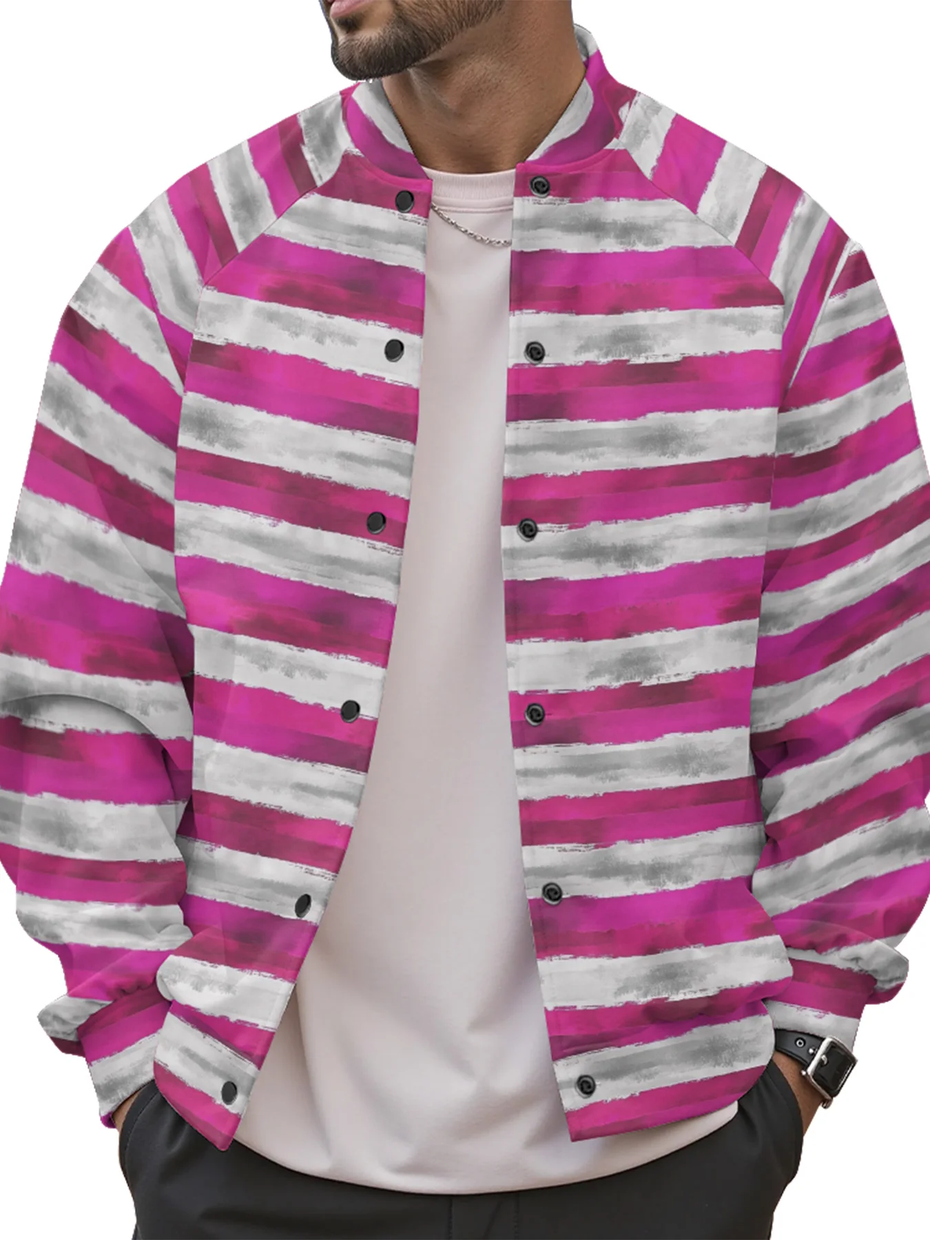 

Pink Gradient Wave Striped Print Baseball Jackets Coats Buttons Korean Street Fall Layering Piece Casual Chic Outerwear Trends