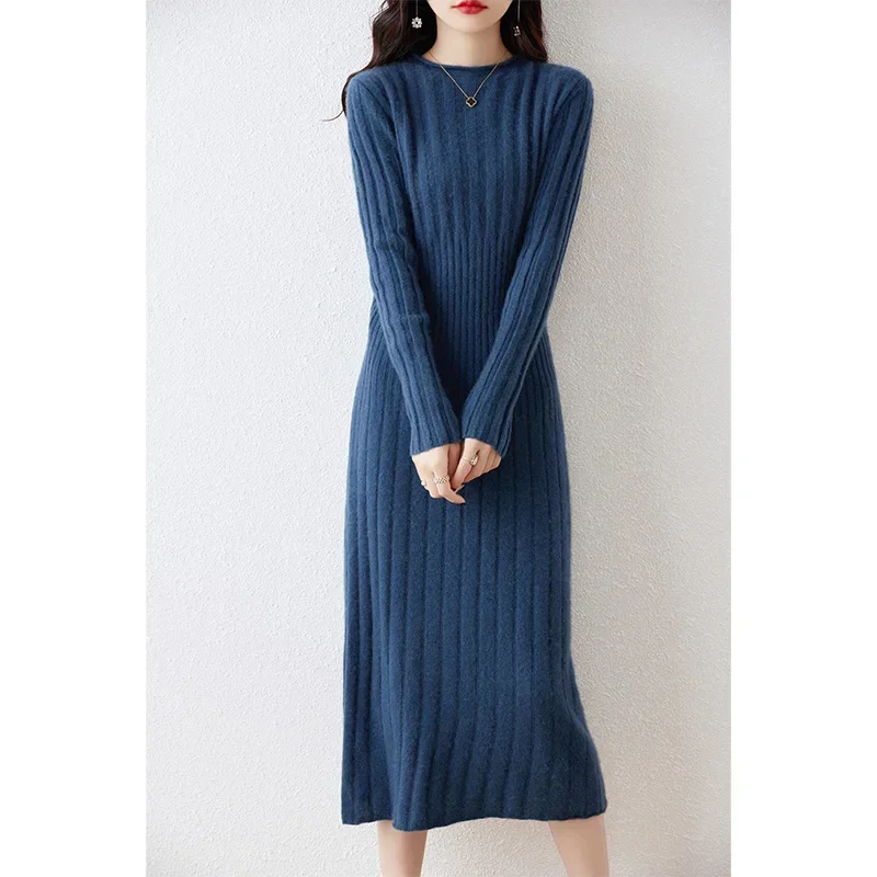 2023 Autumn Winter High Elasticity 100% Wool Thicken Sweater Dress Warm Basic Knitted Pullover Women Slim Dress Female Casual