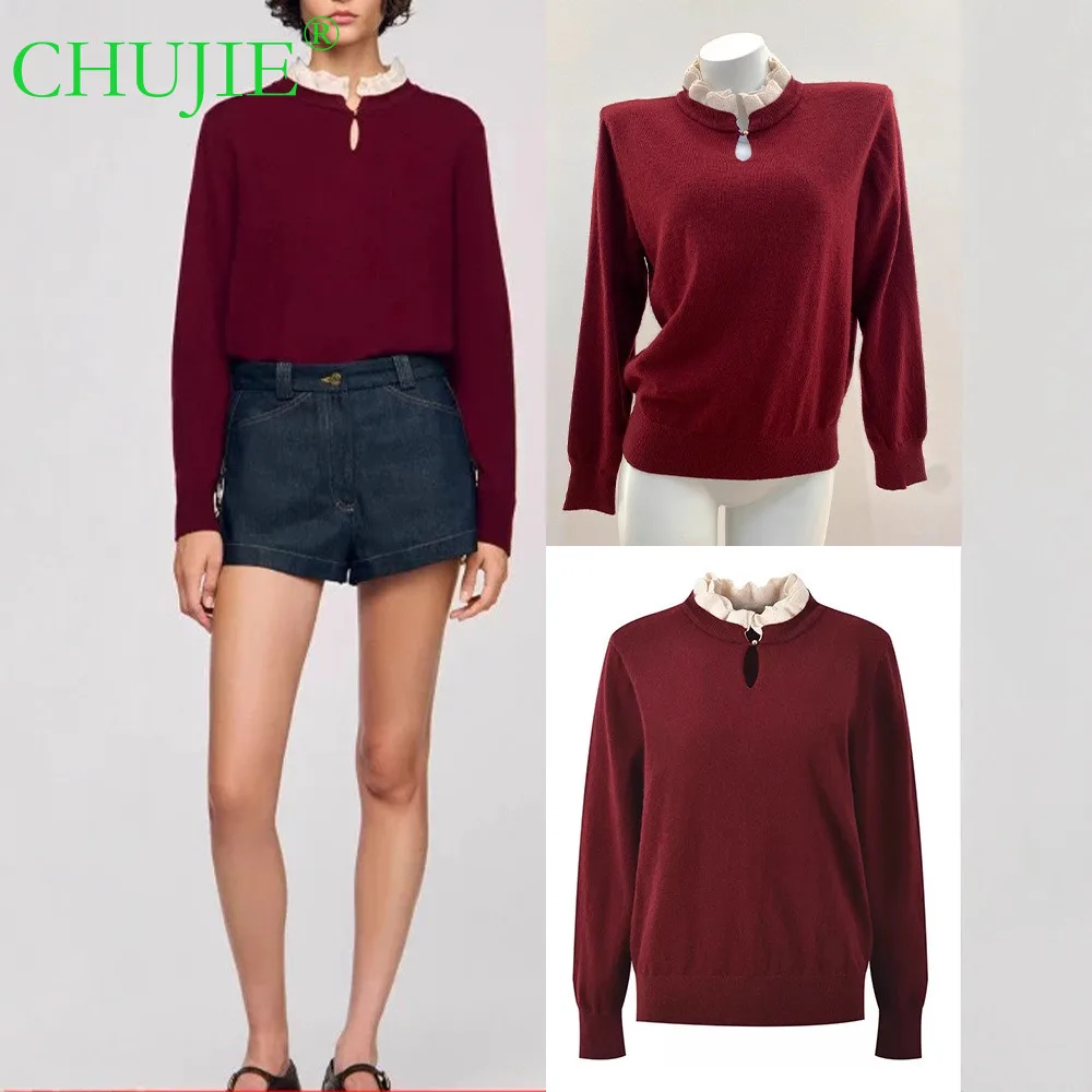 

CHUJIE Christmas Outfit 2025 Autumn Winter New Three-Dimensional Lace Splicing Water Drop Collar Knitted Top For Women