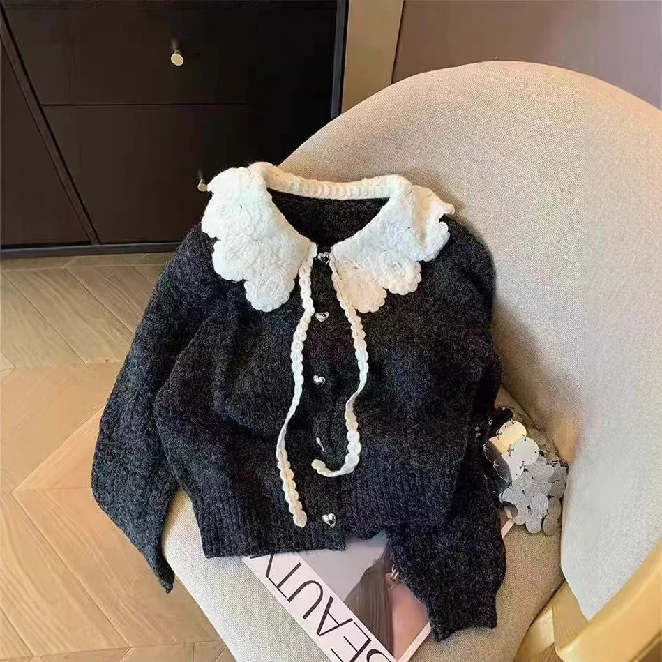 

2026 Spring New Contrasting Color Temperament Cute Doll Collar College Style Sweater Cardigan Sweet Milk Fufu Knitted Jacket Top