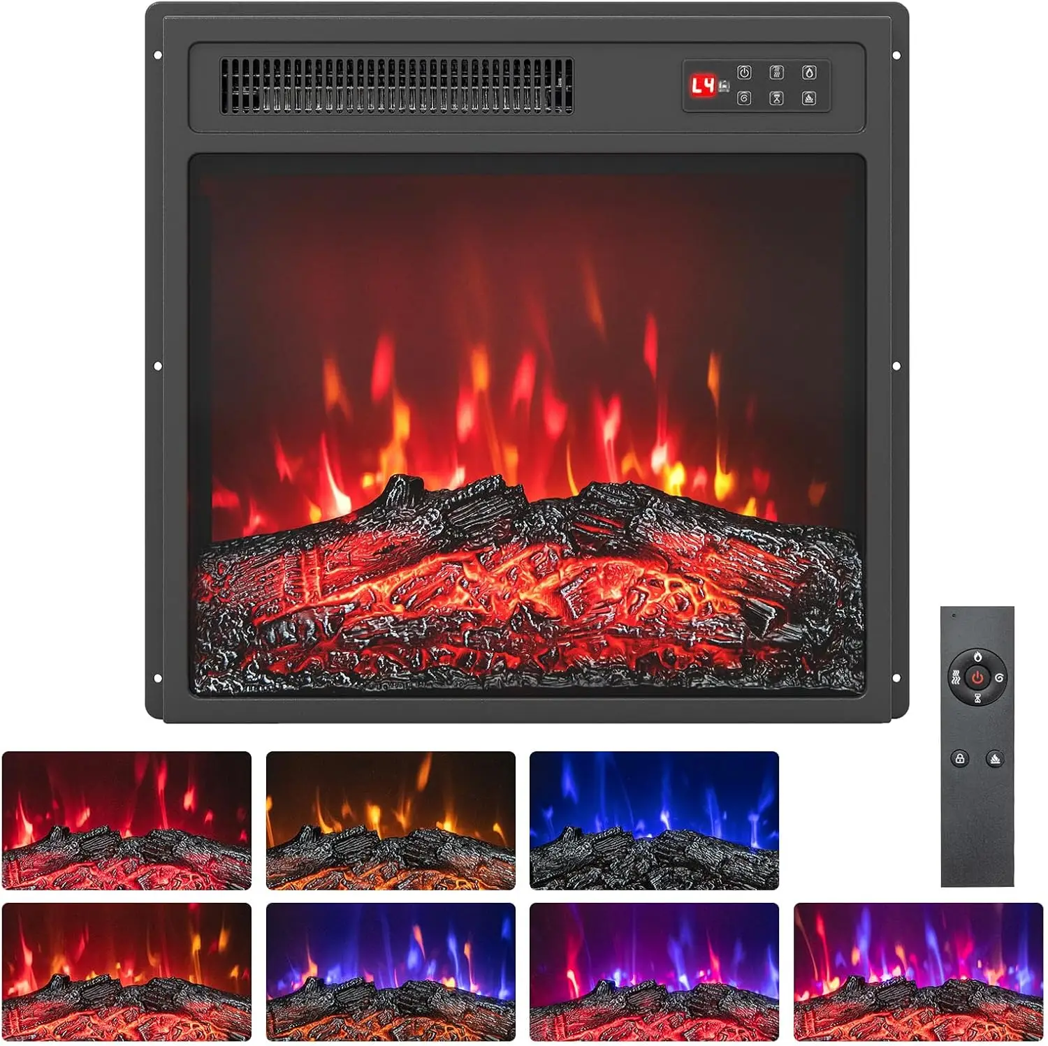 

18 Inch Electric Fireplace Heater, Recessed Fireplace Insert with 7-Color Dimmable Flame, 750W/1500W Heating, 8H Timer, Overh