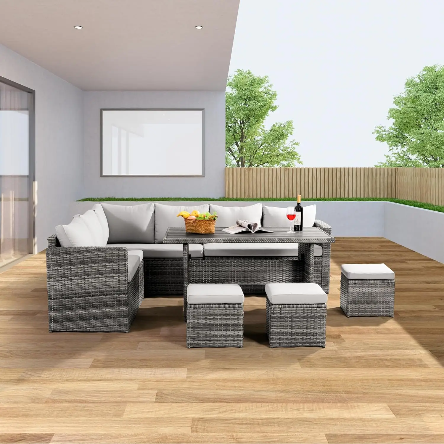 

Patio Furniture Set, 7 Pieces Outdoor Patio Furniture with Dining , All Weather Wicker Conversation Set with Ottoman,