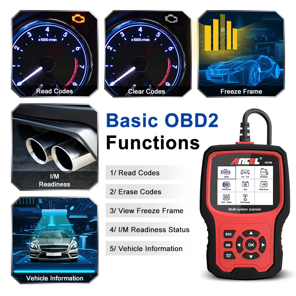 Ancel VD700 lector de código OBD2 todo el sistema escaneo Airbag ABS aceite EPB reinicio OBD herramientas automáticas para VW para Audi herramienta de diagnóstico de coche