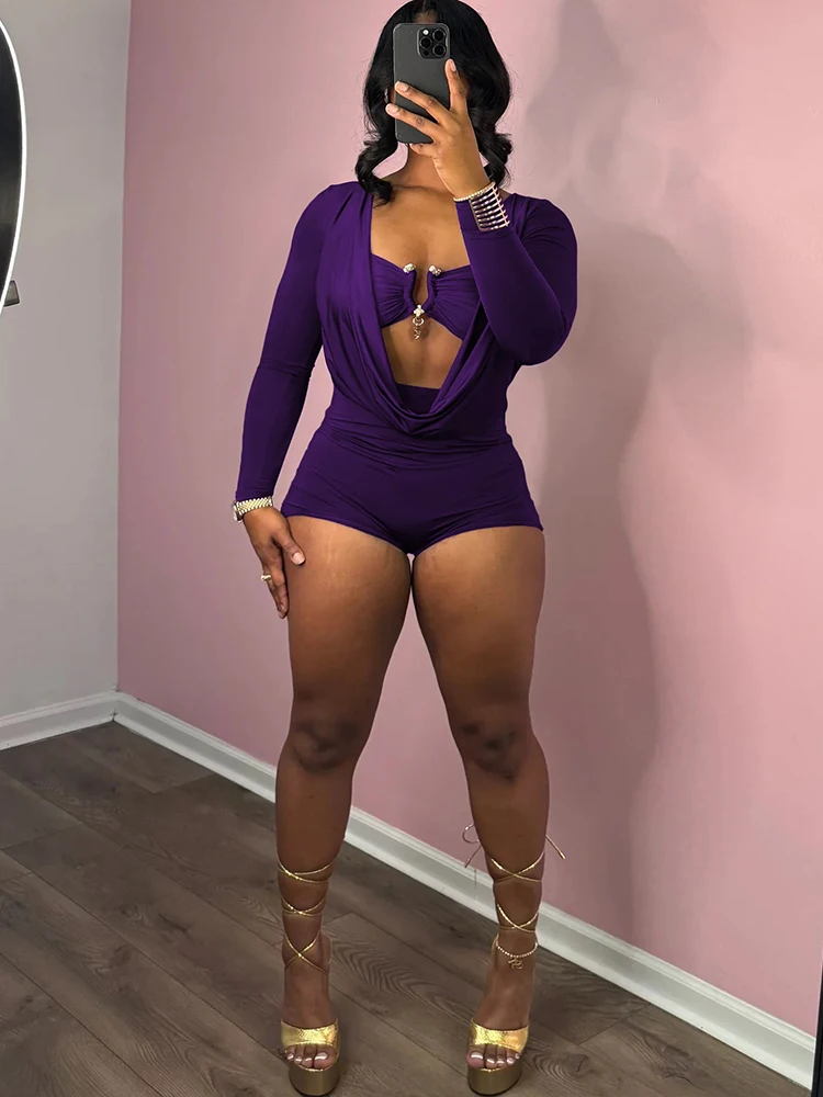 Sisterlinda Playsuits mit schwingendem Ausschnitt für Damen, einfarbig, mit Metalleinsatz, Ausschnitt, volle Ärmel, Stretch, sexy, schmal geschnitten, schick, trendige Clubwear – Detail 32