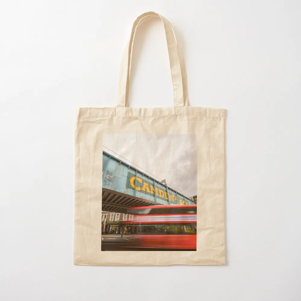 Camden Lock bridge in London and a red Double Decker bus Tote Bag Canvas shoulder bag Custom bag Shopping bags